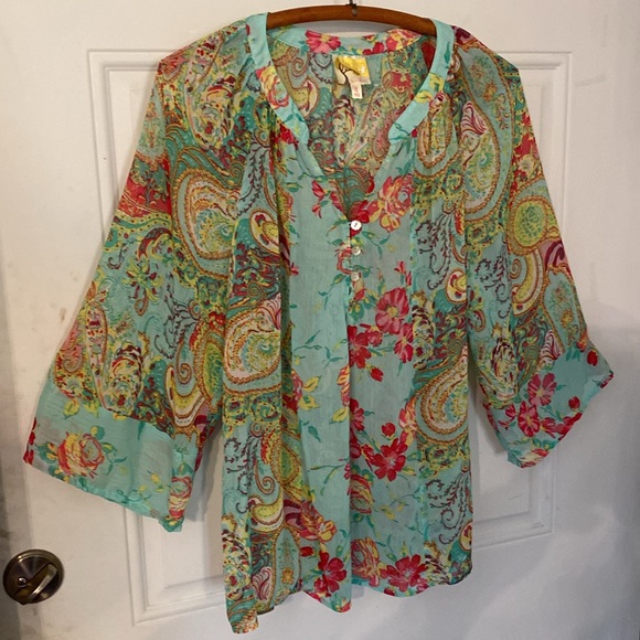 Anthropologie Fig and Flower Floral Sheer Flowy Button Top - Picture 8 of 12